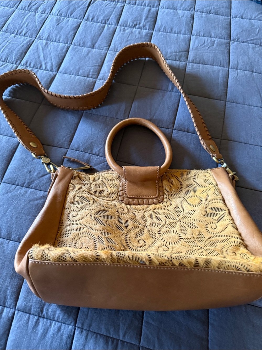 HOBO Tan Leather Shoulder Bag with Laser-Cut Front Panel